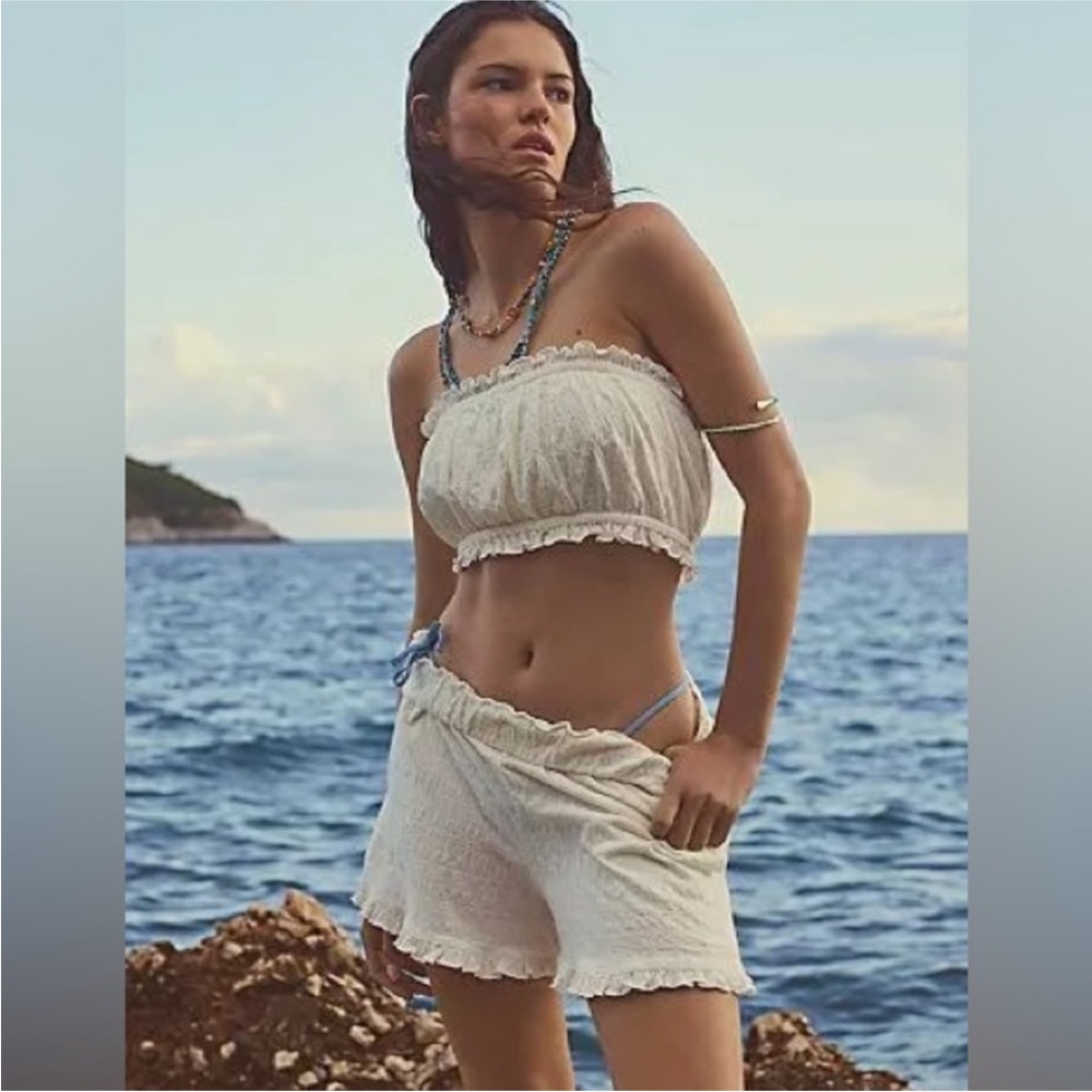 Free People Twyla Beach Shorts Top Bandeau Bra Set M Ivory White Free-EST